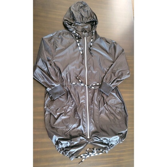 UGG Brittany Hooded Anorak Rain Coat Black Size L White Zipper Pockets Festival - Picture 5 of 15